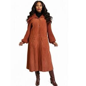 Vintage Suede Coat 70’s Womens Medium Knitted Sleeves Collar Boho Hippie Retro